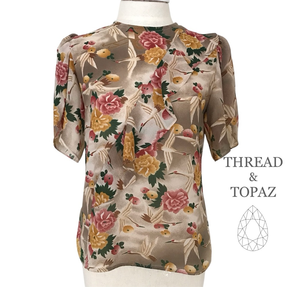 Vintage 70’s Floral Crane Bird Print Top Medium